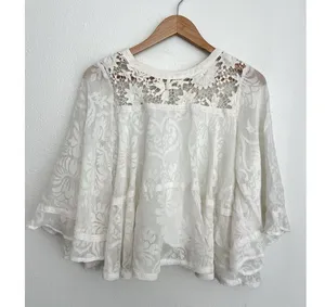 Champagne & Strawberry Floral Blouse Boho Sheer Flowy Lace Top Bell Sleeves L thumbnail 1