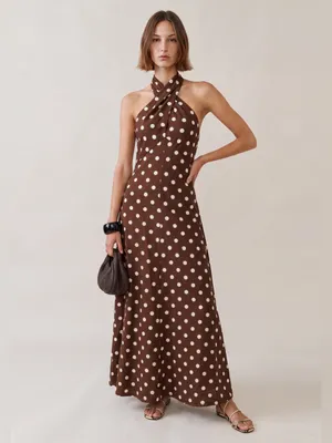 NWT few moda noelle dress size Medium M brown polka dot halter maxi o.p.t linen thumbnail 4