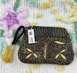 Sudha Beaded Coin Purse Black Gold Floral Embroidered Tassel Wristlet Pouch NWT‎ thumbnail 1