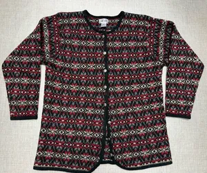 Vtg SKYR Womens Cardigan L Red Fair Isle Sweater Button Crew‎ Knit Wool Long thumbnail 1