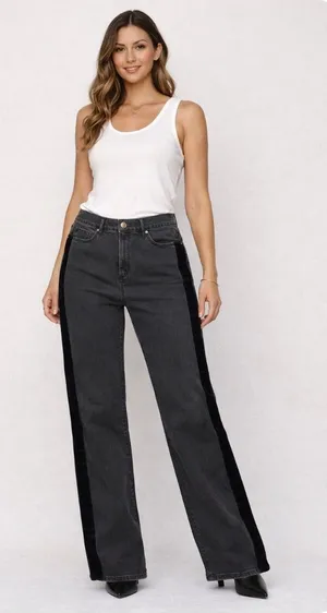 LOFT High Rise Side Stripe Velvet Wide Leg Jeans in Black thumbnail 1