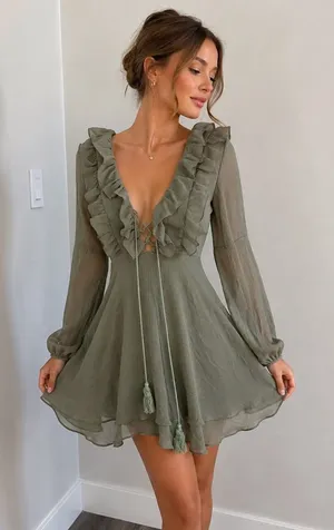Princess‎ Polly Sage Green Ruffle Mini Dress Size 4 thumbnail 1