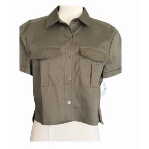 Good American The Cropped Shirt Sage Green Button Down Pocket Top NWT thumbnail 2