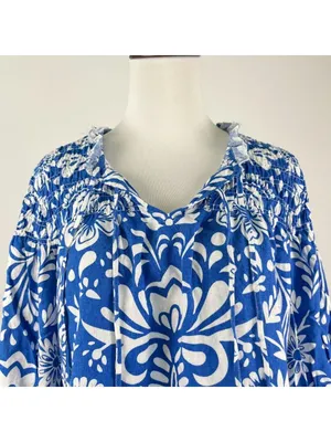 NWOT John Mark Linen Blend Floral Smocked Sleeves Top Blouse Shirt Blue Size M thumbnail 3