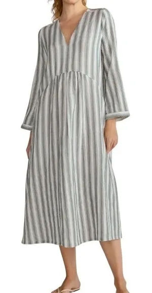 Haven Well Within Midi Dress Womens XS Green Striped V-Neck Cotton Gauze Casual thumbnail 1