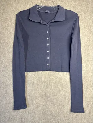 John Galt Ribbed Cropped Slate Blue Collard Button Down Long Sleeve Size Small thumbnail 1