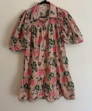 Peach Multi Floral Print Collared Button Down Ruffle Dress 100% Cotton Medium thumbnail 1