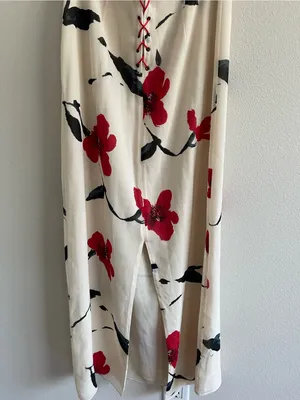Floral Midi Skirt in Cream with Red Blooms thumbnail 4