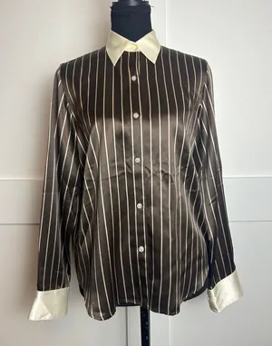 Lauren Ralph Lauren Silk Button Up Shirt 6P Brown Cream Stripe thumbnail 1