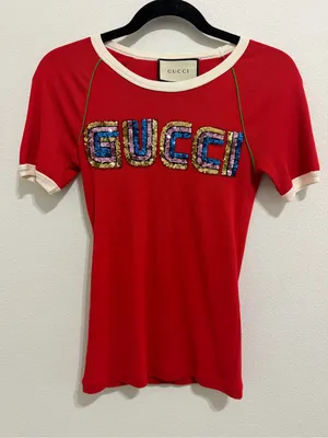 Gucci (COA) Red Sequin Tee Top with Multicolor Sequin Logo thumbnail 1