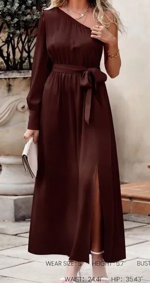 $60 NWOT KIRUNDO Women's Satin Long Sleeve One Shoulder Maxi Dress M thumbnail 1
