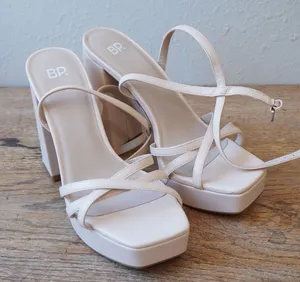 BP 9M Platform Sandals Beige Good Strappy Block Heel Square Toe Straps Formal thumbnail 1