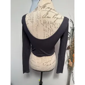 Free People Intimately Ribbed Long‎ Sleeve Crop Top Charcoal Gray M L thumbnail 3