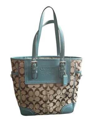 Coach Vintage Y2K Hadley Lunch Bag Beige Signature Canvas Tote Blue Leather Trim thumbnail 1