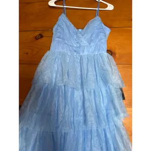 NWT Lulus Rule the Runway Light Blue Tulle Surplice Tiered Maxi Dress Gala Sz M thumbnail 5