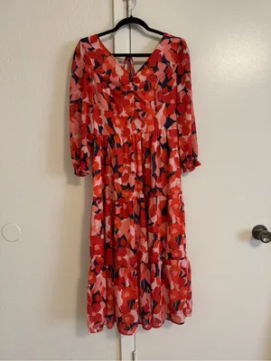 Sincerely Jules Floral Tiered Midi Dress Long Sleeve Chiffon Red Pink Navy Sz M thumbnail 2