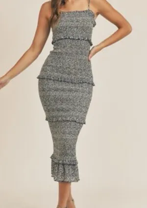Mabel Smocked Ruffle Midi Dress in Gray thumbnail 1