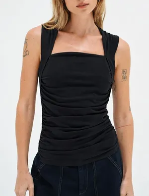 LNA Amani Tank Top SZ Medium NWT Midnight Sky Ruched Sleeveless Square Neck thumbnail 1