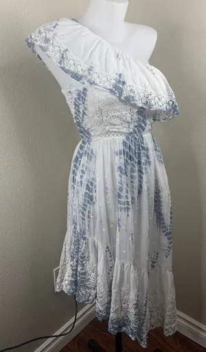 Loveshackfancy One Shoulder Tie Dye Dress Gwen? Sz XS Cotton Blue White thumbnail 1
