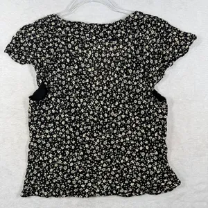 Reformation Black Cream Ditsy Floral V-Neck Tie Peplum Blouse Large Cap Sleeve thumbnail 7