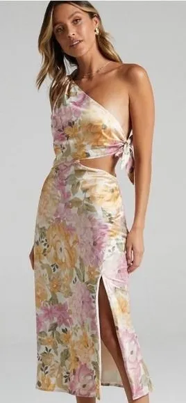 Showpo Glaucus Midi Dress 10 Floral One Shoulder Cut Out Satin Romantic Feminine thumbnail 1