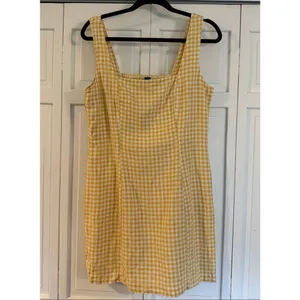 Old Navy yellow gingham plaid linen square neck mini dress large thumbnail 4