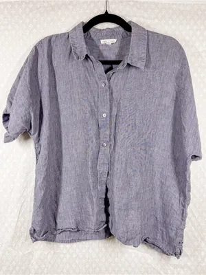 Eileen Fisher Blue Organic Linen Short Sleeve Button Down Top thumbnail 2