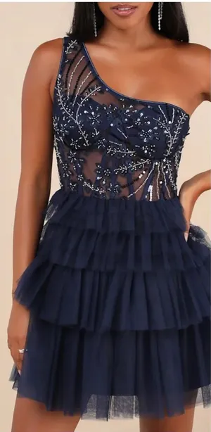 Lulus Fanciful Charm Navy Mesh Beaded Tiered One-Shoulder Mini Dress thumbnail 1