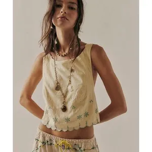Free People Kayla Solid Embroidered Cropped Blouse Top - Double Butter thumbnail 3
