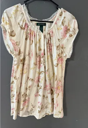Lauren Ralph Lauren Coquette Feminine Pink Floral Cotton Lace Shirt Blouse Large thumbnail 1