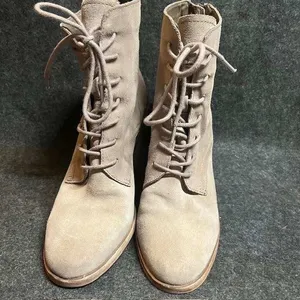 Dolce Vita Lace Up Heeled Ankle Boots Women's‎ Taupe Suede Leather Stacked Heel thumbnail 2