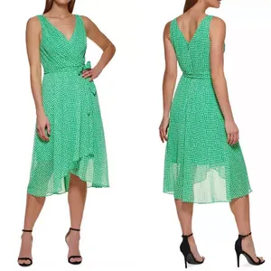 DKNY Lime Green White Chiffon Sleeveless Faux Wrap V Neck Fit & Flare Midi Dress thumbnail 2
