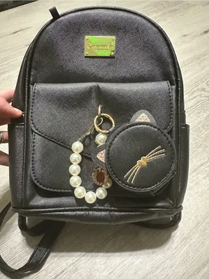 Mini Black Faux Leather Backpack with Cat Charm thumbnail 1