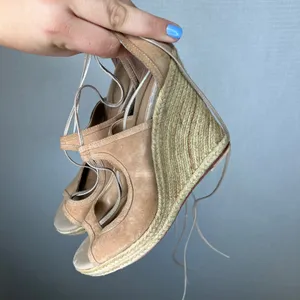 Trina Turk Tan Suede Espadrille Wedge Sandals Lace Up Ankle Tie 8M thumbnail 3