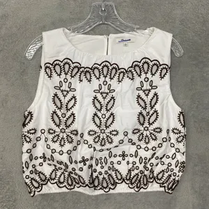 Madewell Top Womens XS Embroidered Sleeveless Bubble Poplin White Brown NZ529 thumbnail 2