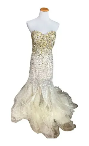 Womens Fabuluxe Couture Champagne & Gold Strapless Hand Beaded Fit Dress Gown XL thumbnail 1