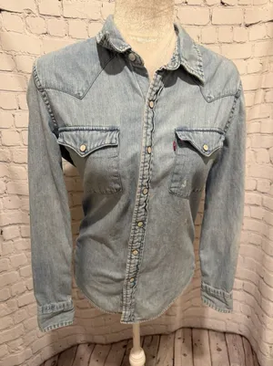 Levi's Denim Western Shirt Pearl Snap Distressed Medium Wash Classic Small thumbnail 1