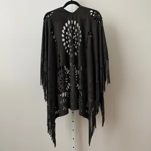 Whimsigoth Faux Suede Boho Western Witchy Laser Cut Fringe Shawl Kimono OS Black thumbnail 5