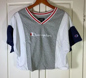 Champion Womens Colorblock Crop‎ Top Grey White Navy V-Neck Script Logo Medium thumbnail 1