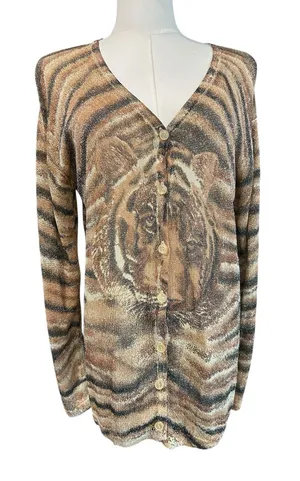 Iris Singer Italy Metallic Tiger Animal Print Lurex Cardigan S/M Y2K FLAW Artsy thumbnail 1