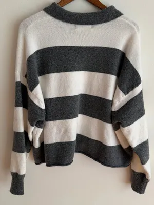 No Boundaries Striped Knit Polo Sweater Henley Grey White XL 16-18 Preppy thumbnail 4