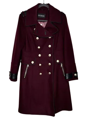GUESS Walder Large Burgundy Wool Blend Peacoat Trench Coat Gold Buttons thumbnail 1