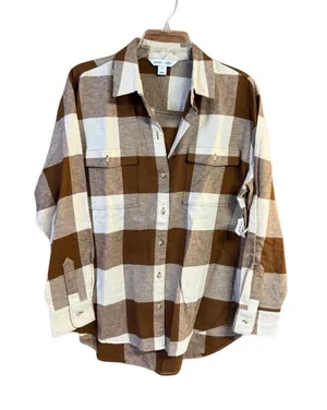 Old Navy Cotton Plaid Boyfriend Browns Flannel Shirt Sz M NWT thumbnail 1
