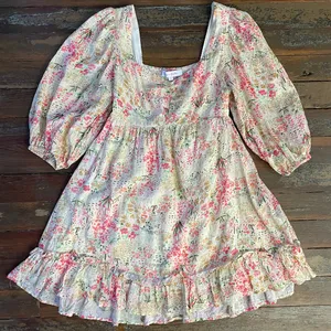 Meet Me In Santorini Floral Puff Sleeve Babydoll Cottagecore Mini Dress - XS 💚🎀 thumbnail 11