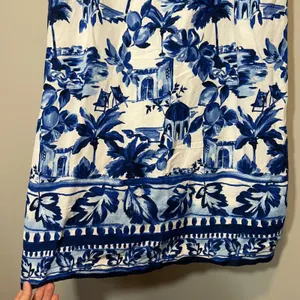 LOFT Blue White Mediterranean European Toile Linen Blend Mini Dress Palm Tree 14 thumbnail 4