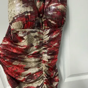 Red Patterned Ruched Mini Dress with Embellished Halter Neck thumbnail 2