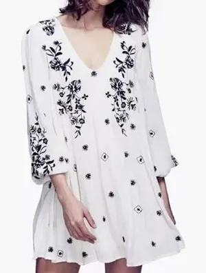 Free People Embroidered‎ V-Neck Mini Dress Ivory Black Floral Boho XS thumbnail 1