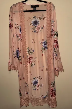 Polly & Esther Fairycore Peach Floral Mesh Duster Cardigan Bell Sleeve Lace L Layering Ethereal thumbnail 1