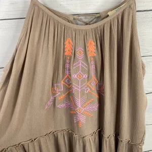 Kori Women M Tan Aztec Embroidered Tiered Feminine Boho Mini Dress NWT Festival thumbnail 3