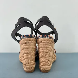 Tory Burch Criss Cross Blue & Orange‎ Canvas Espadrille Jute Wedge Sandals thumbnail 6